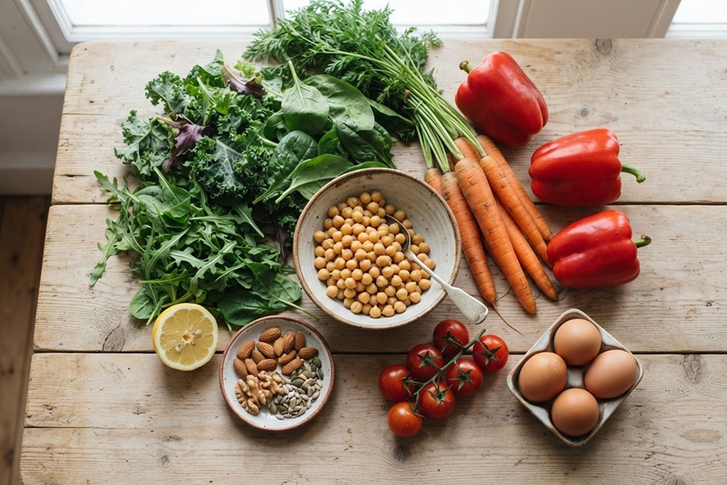 Overhead view of whole foods on a wooden table: leafy greens, carrots, red peppers, tomatoes, a bowl of chickpeas, eggs, nuts and seeds, and a halved lemon