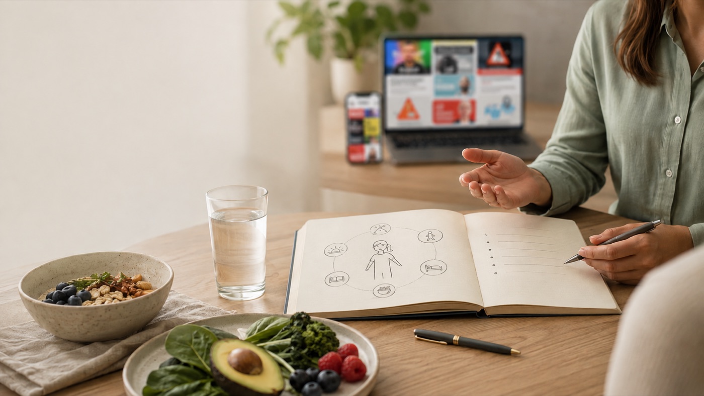 A woman at a kitchen table turns away from a laptop and phone crowded with alarming headlines, toward a notebook where she has sketched a simple daily-habits diagram beside a glass of water, a bowl of oats and berries, and a plate of leafy greens and avocado