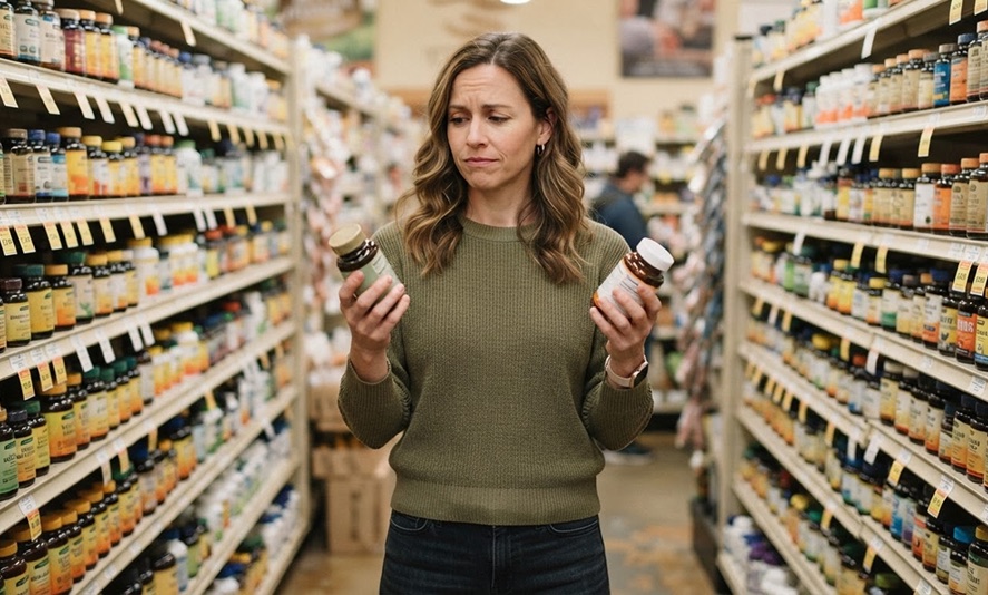 A woman in a green sweater stands in a supplement aisle, frowning thoughtfully as she compares the labels on two vitamin bottles